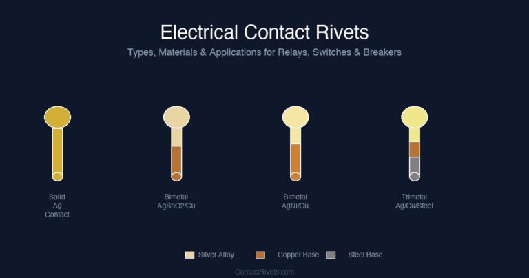 Silver electrical contact rivets including solid bimetal and trimetal types for relays switches and circuit breakers
