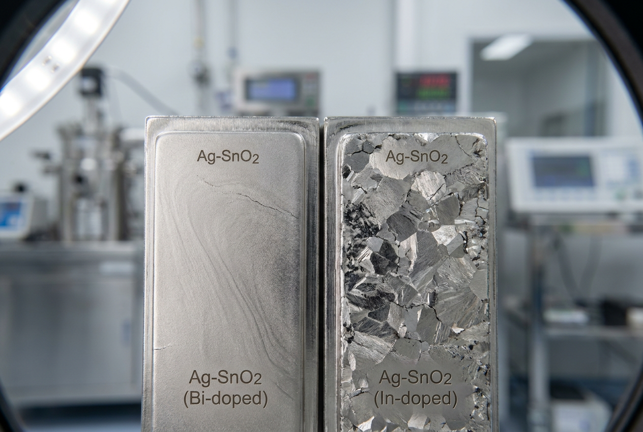 AgSnO2-Bi2O3 vs. AgSnO2-In2O3: Selecting the Right Dopant for Silver Tin Oxide electrical contact rivets showing conductivity and durability