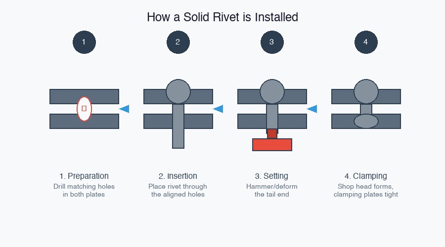 Four step diagram showing how a solid rivet is installed in metal plates from preparation through clamping