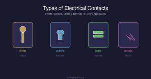 Types of electrical contacts including rivets buttons strips and spring contacts for relays switches and breakers