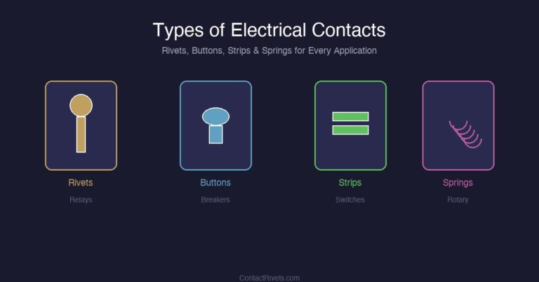 Types of electrical contacts including rivets buttons strips and spring contacts for relays switches and breakers