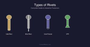 Various types of industrial rivets including solid, blind, semi-tubular and self-piercing rivets displayed as technical illustrations